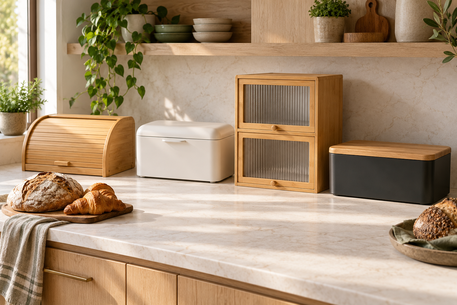 Four generic bread boxes in bamboo, warm-white metal and charcoal finishes on a compact kitchen counter