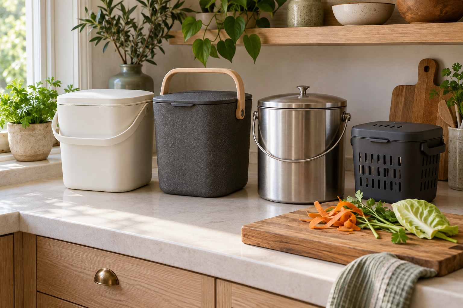 Four generic countertop food-scrap caddies beside vegetable trimmings in a compact kitchen