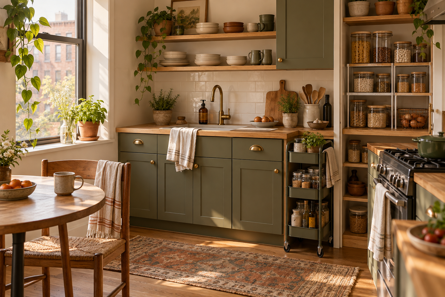 A slim rolling cart beside cabinetry in a small organized kitchen