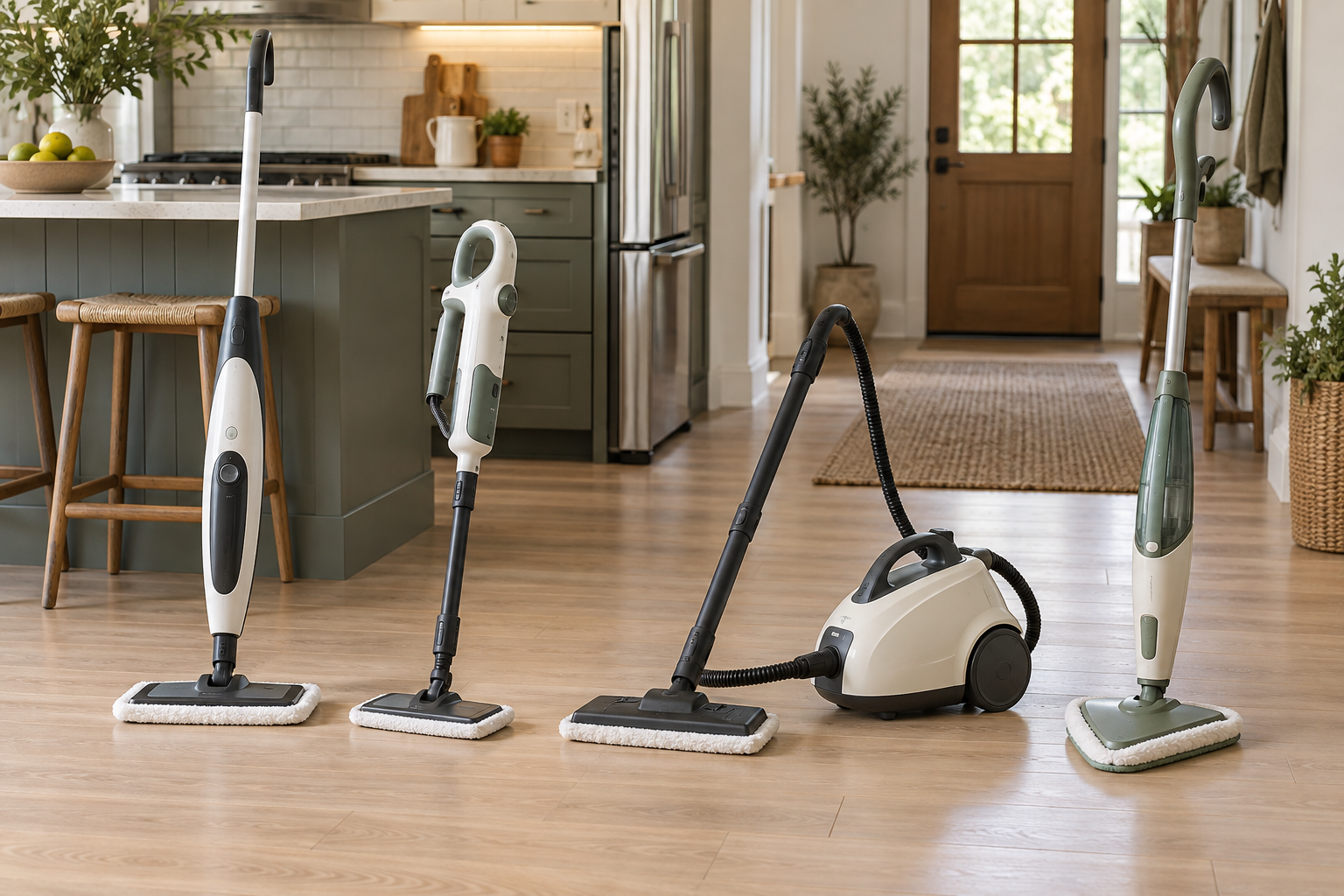 Four generic upright and canister steam cleaners arranged in a compact kitchen and entryway