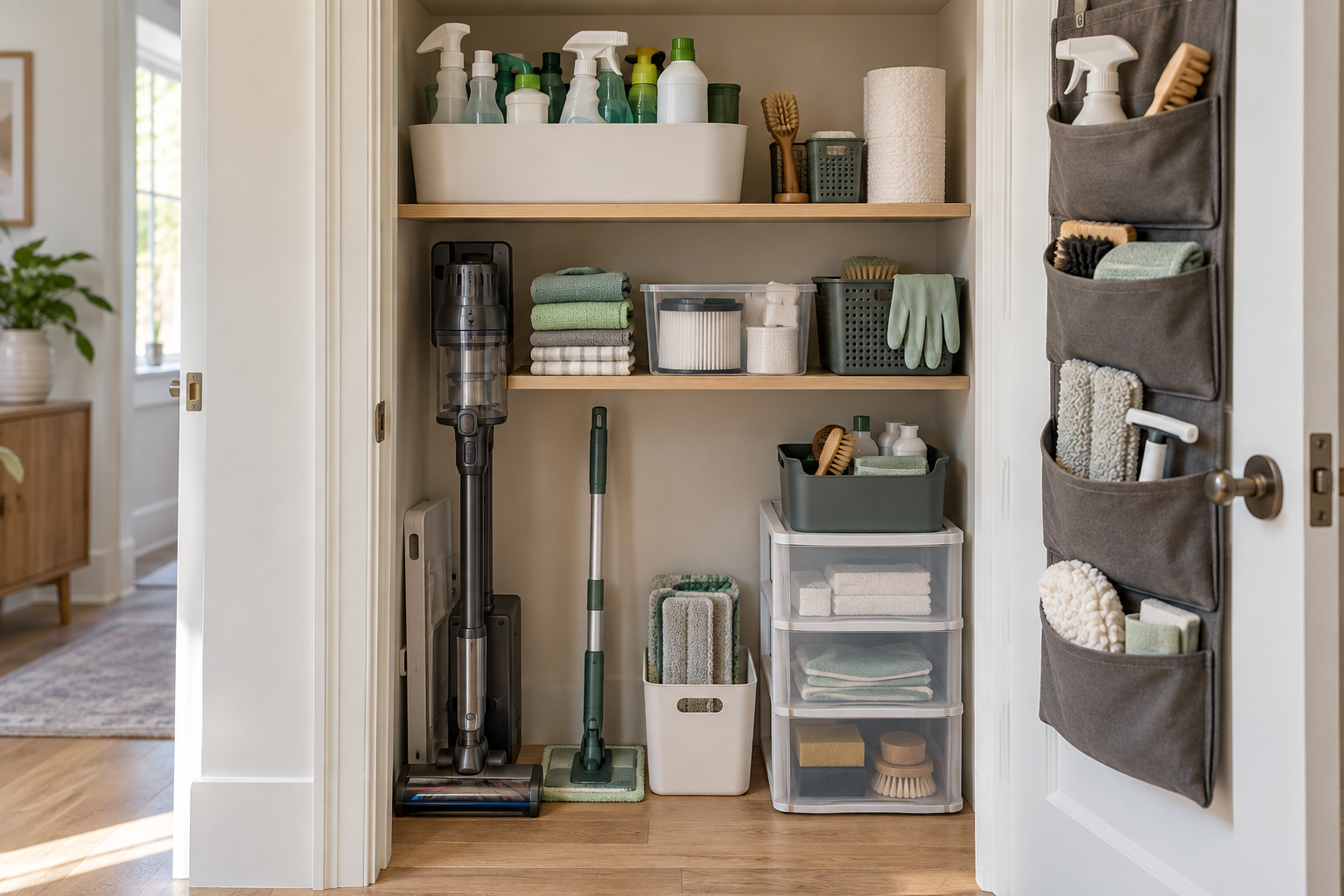 Open compact utility closet with cleaning chemicals stored high, cloths and filters in drawers, and floor tools below