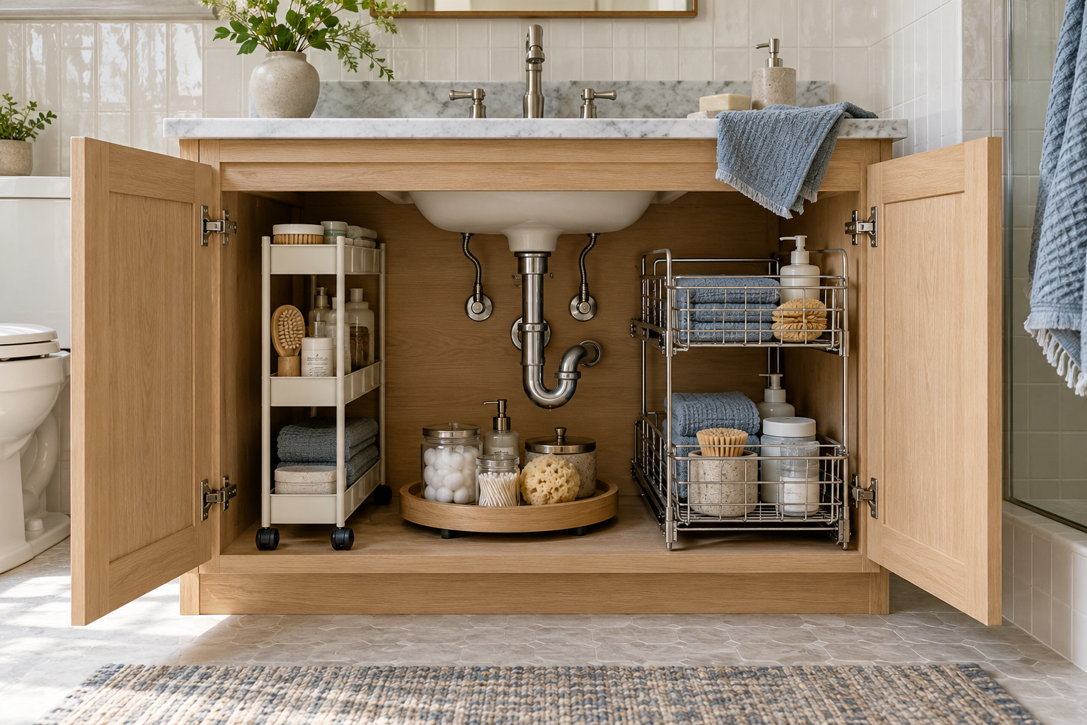 Rolling caddy, turntable and tiered organizers arranged around visible plumbing inside a compact bathroom vanity